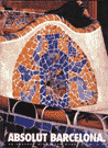 Mosaic tiles on a fountain in the shape of a bottle.